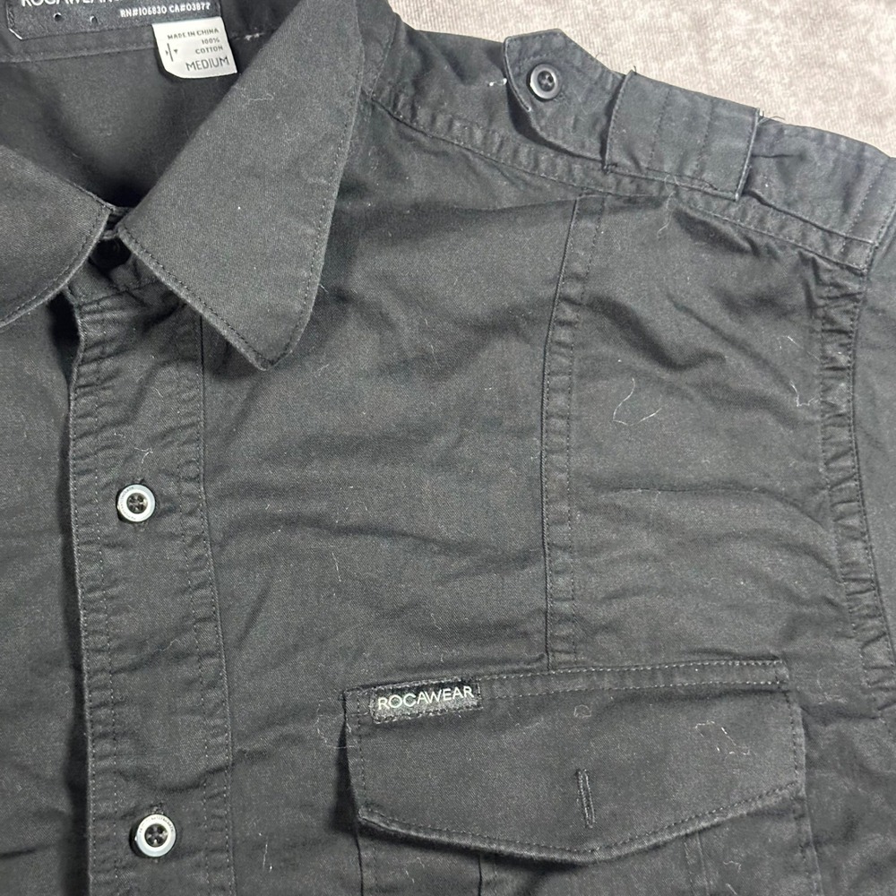 Rocawear Men M Black Military Button Down Shirt Epaulets Y2K Streetwear Techwear - Picture 4 of 7